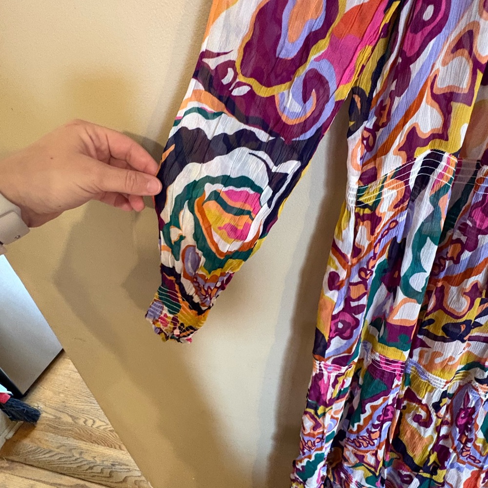 Anthropologie Abstract Print Midi Dress Smocked Waist Ruffle Neck Tassel Tie - Picture 4 of 8